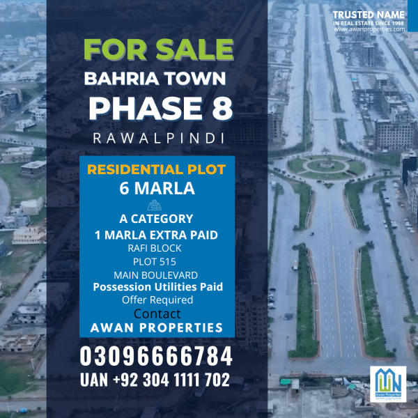 Bahria Town Phase 8 Plot For Sale, Raffi block, 6 Marla